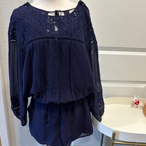 EUC Joie Navy Lace Romper with Sheer Sleeves